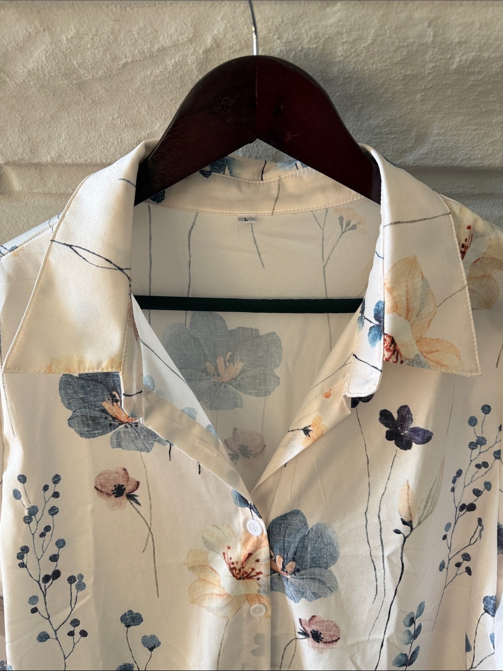 Women's Floral Button-Up Blouse - White with Blue Floral Print - Picture 2 of 5